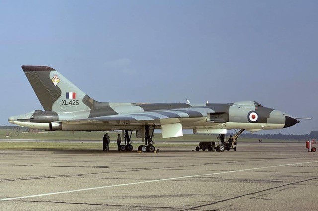Vulcan XL 425 was the 43rd machine built, modified to carry the Blue Steel stand-off nuclear missile, and used by 83 and 617 Squadrons. It shows the aircraft with unmodified fin tip, original red, white and blue fuselage roundel and Terrain Following Radar(TFR) in nose under flight refuelling probe.  The aircraft was grounded on 4.1.82 and sold for scrap 4.82.